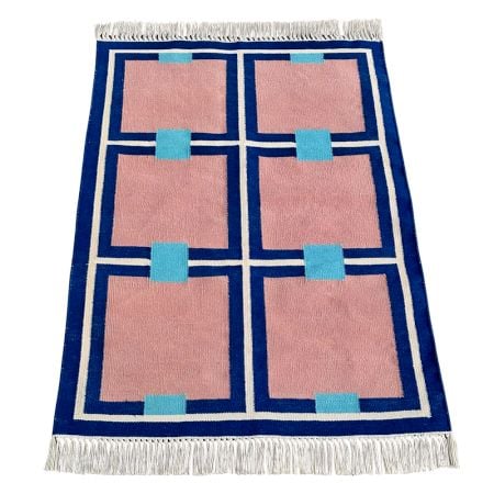 Handmade Blue And Beige Cotton Modern Dhurrie